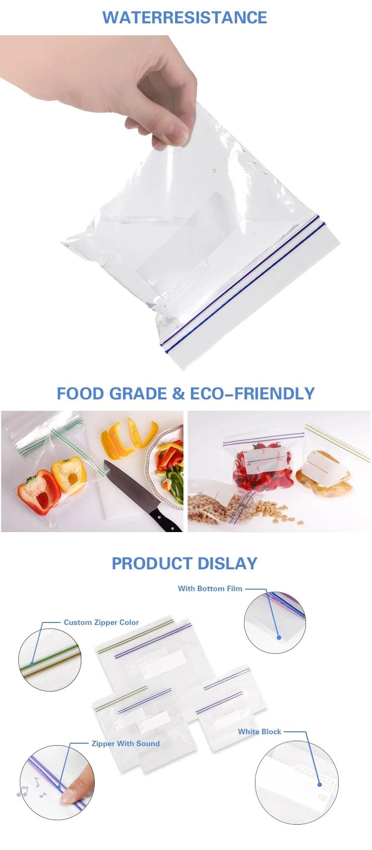 Food Grade, Retail Boxes Packaging, Single/Double Zipper Food Bag, Reclosable Bag, Plastic Bag, Veggies//Frozen/Accessory/Cosmetic Ziplock Bag, Anti-Bacteria